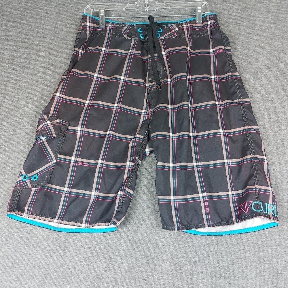 RIP CURL MENS BLACK BLUE PINK PLAID CHECK BOARD SHORTS SWIM TRUNKS SIZE 34